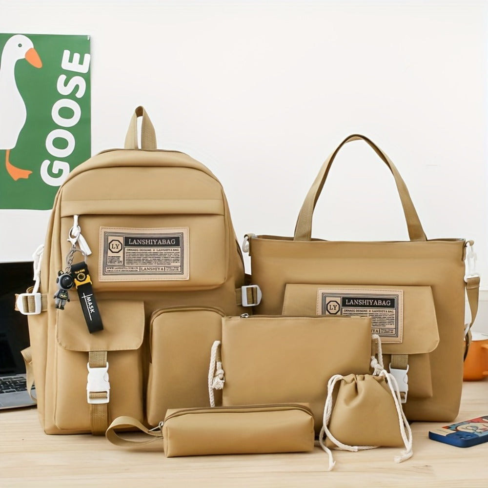 5pcs Solid Color Backpack Set, Large Capacity Double-ShoulderBag, Simple Tote, Pencil Bag, Casual Crossbody, Lightweight Student Shoulder Bag.