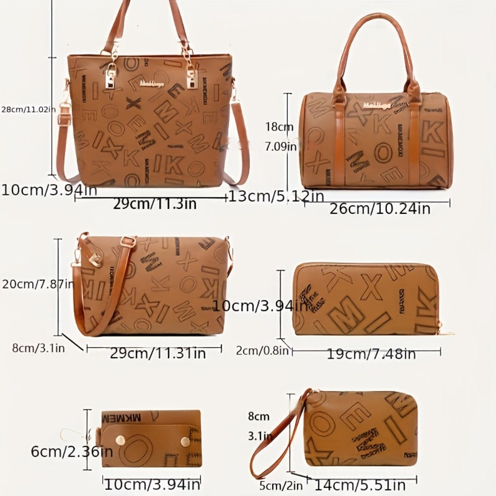 6pcs/Set Women'S Fashion Retro Letter Print Shoulder Bag, Handbag, Wallet, Key Bag, Six-Piece Set, Commuting, Casual, Shopping, Tote Bag, Women'S Bag Set