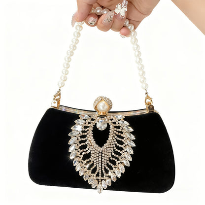 Sophisticated Evening Clutch Made of Velvet, Adorned with Rhinestones And Featuring a Pearl Handle, Perfect for Weddings, Parties, And Formal Dinners