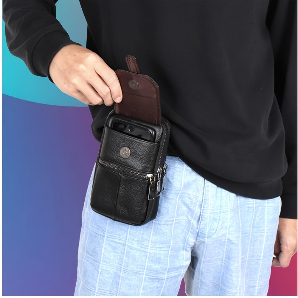 Genuine Leather Crossbody Bag Compatible for & Smartphones - / Belt Loop Messenger Waist Pack with Phone Pouch, Zipper Closure Handbag, Pure Genuine Leather Purse