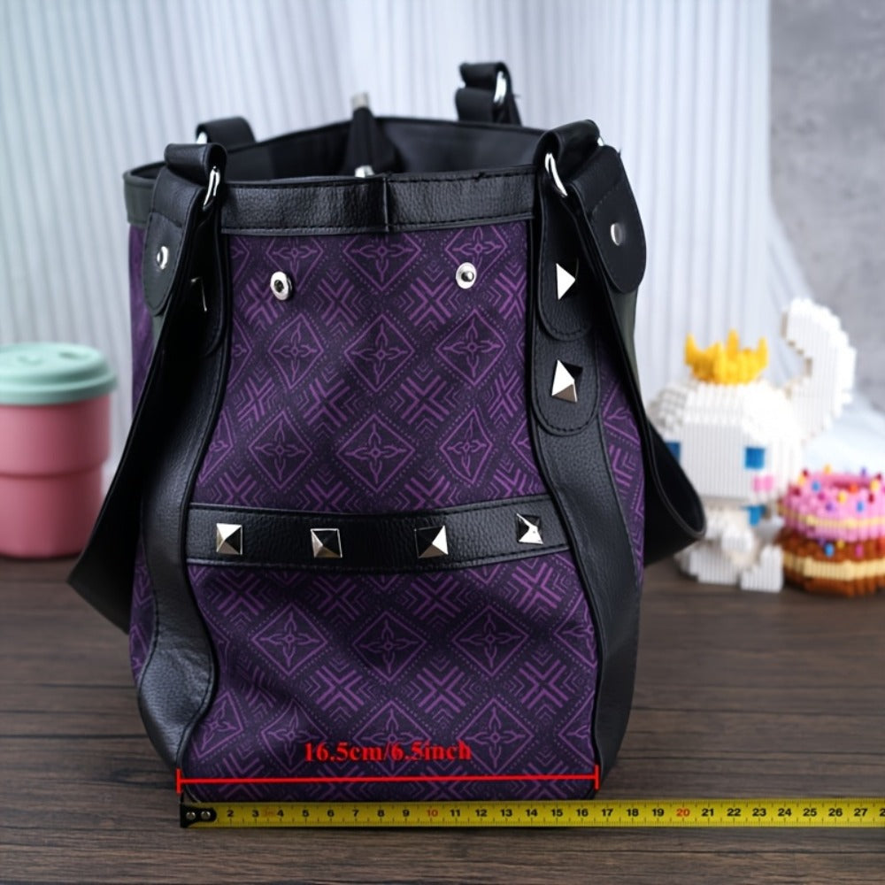 Sanrio Hello Kitty Gothic Vintage Purple Handbag with Black Embellishments Durable Nylon, Zipper Closure, Multi-Function Underarm Bag, Skull & Crossbones Design, Studded Details, Y2K Style for Daily Use