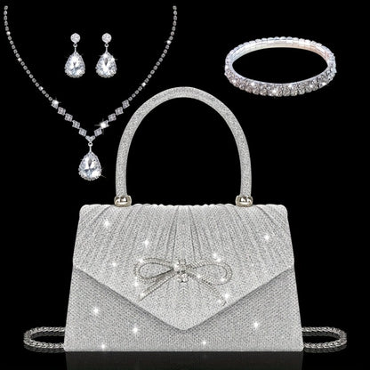 [Elegant Sequin Clutch Set] Elegant Champagne Sequin Clutch with Rhinestone Bow - Matching Rhinestone Earrings, Necklace & Bracelet Set | Ideal Valentine's Day Gift for Women, Party Accessory | Detailed Closure
