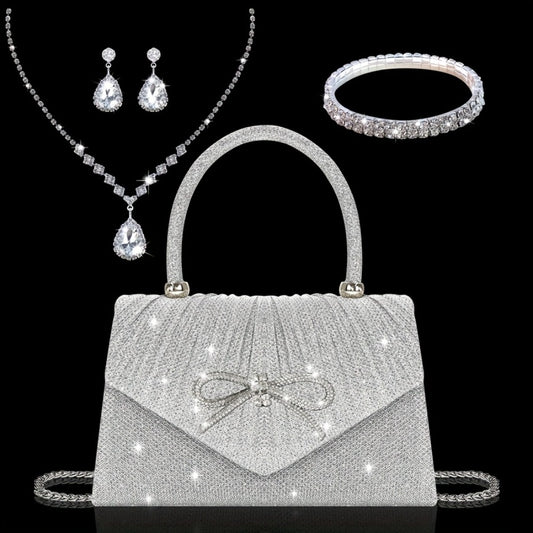 [Elegant Sequin Clutch Set] Elegant Champagne Sequin Clutch with Rhinestone Bow - Matching Rhinestone Earrings, Necklace & Bracelet Set | Ideal Valentine's Day Gift for Women, Party Accessory | Detailed Closure