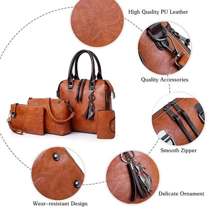 Fashionable And Versatile 4pcs Women's Bag Set, Retro Tote Bag, Crossbody Shoulder Bag, Handbag, Wallet, Oil Wax PU Tassel Tote Bag, Exquisite Y Scarf, Meeting The Needs Of Daily Commuting, Travel, for Best Birthday Gifts