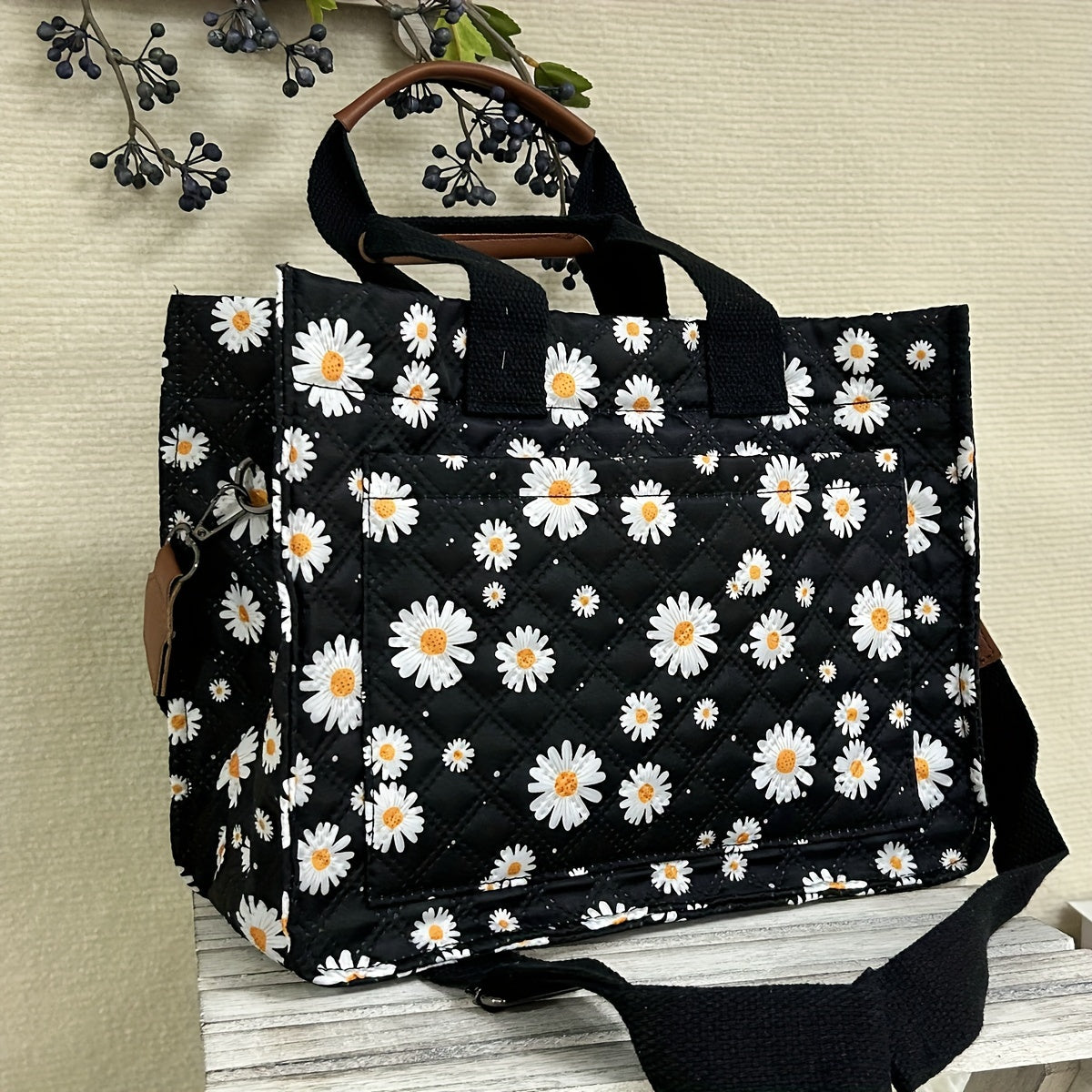 Tote Bag for Women Patched Purse Cute Shoulder Bag Multi-Pocket Satchel Handbag for Work Travel, Strawberry, Cherry, Daisy