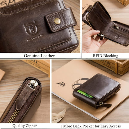[Genuine Leather Wallet] BULLCAPTAIN Genuine Leather Wallet for Men Large Capacity ID Window Card Case with Zip Coin Pocket