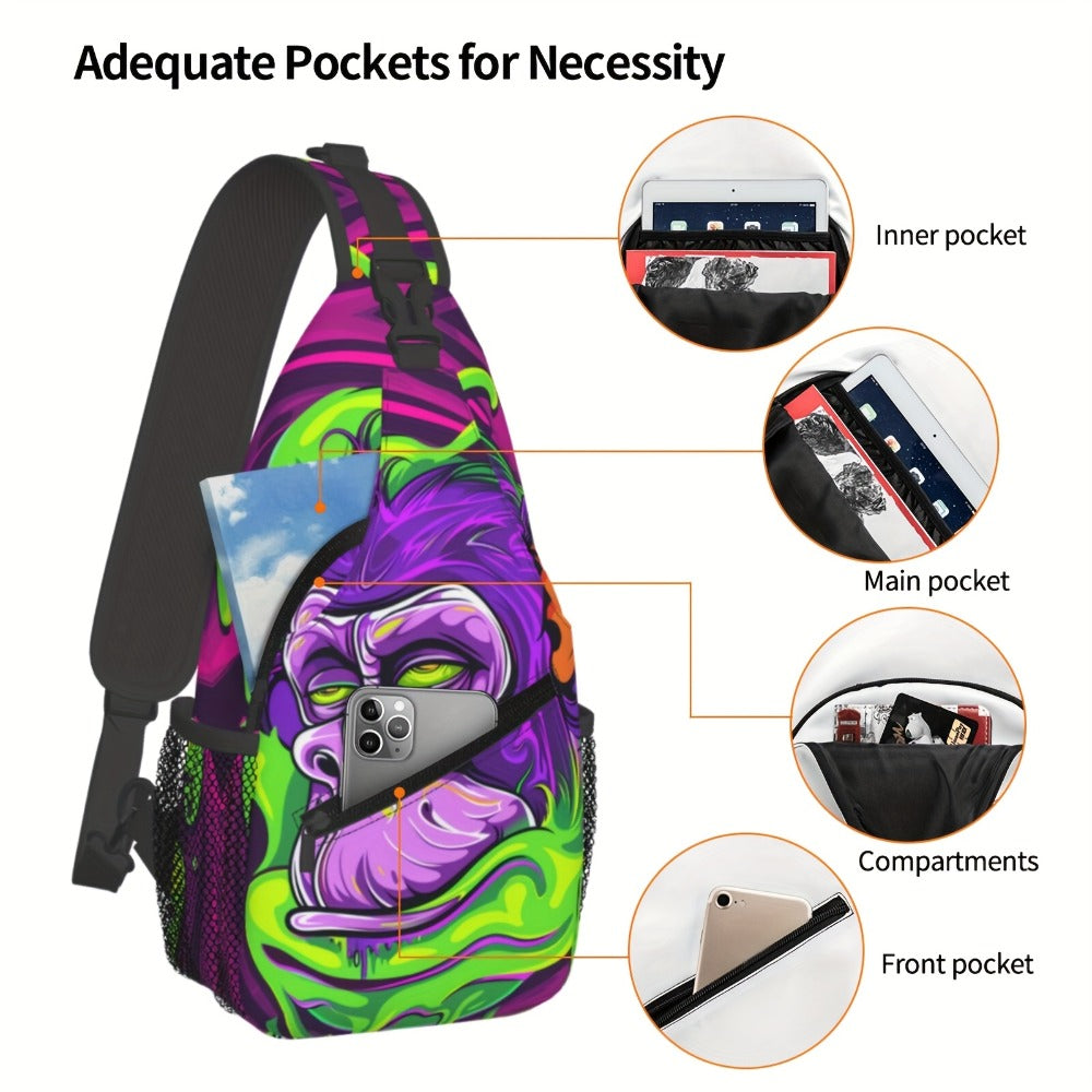 A Vibrant Gorilla-Themed Crossbody Chest Bag Suitable for Hiking, Featuring a Spacious Design. This Stylish And Sturdy Bag Is Perfect for Shopping, Work, Leisure Trips, Beach Outings