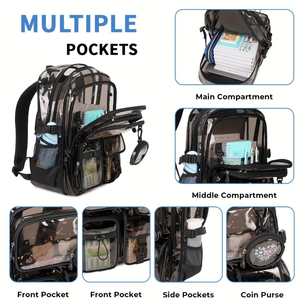 Student Schoolbag - Leisure Transparent Backpack - Pure Color - Large Capacity - Travel - Double Shoulder Bag - Suitable for Stadiums, Schools, Concerts - Men's And Women's  Double Shoulder Bag