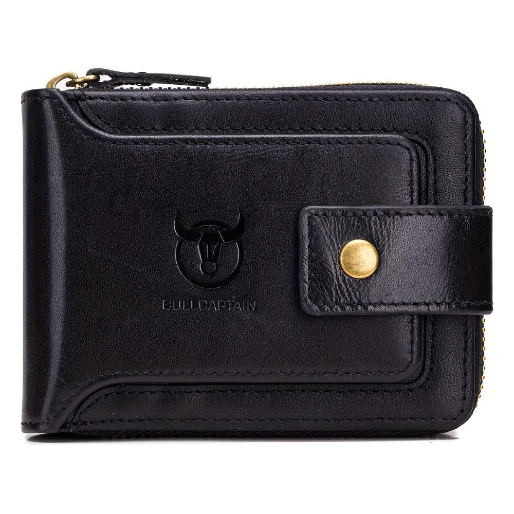 [Genuine Leather Wallet] BULLCAPTAIN Genuine Leather Wallet for Men Large Capacity ID Window Card Case with Zip Coin Pocket