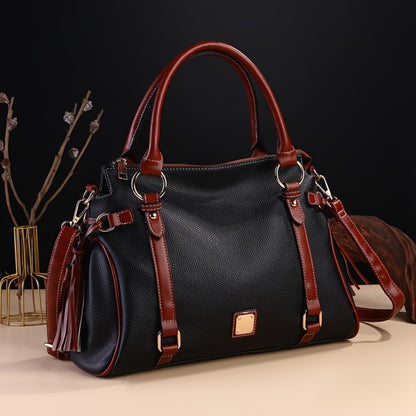 Vintage Retro Women's Crossbody Bag with Adjustable Shoulder Strap & Top Handle - Boston Purse in Red/Black, Golden-Tone Hardware, Zipper Closure, Tassel Detail & Polyester Lining for Casual Everyday Use, Crossbody Purse, Sophisticated Accessory