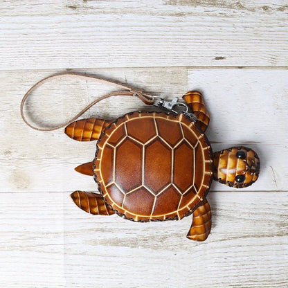 Handcrafted Retro Turtle Coin Purse - Full-Grain Cowhide Genuine Leather, Removable Genuine Leather Wristlet, Zipper Closure, Multi-Compartment for Coins/Cards/Keys, Thoughtful Gift for Women Students Friends Family