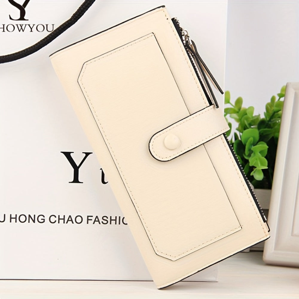 Women's Long Clutch Wallet, Retro Style Long Coin Purse, Foldable PU Leather Credit Card Holder With Zipper And Snap Closure