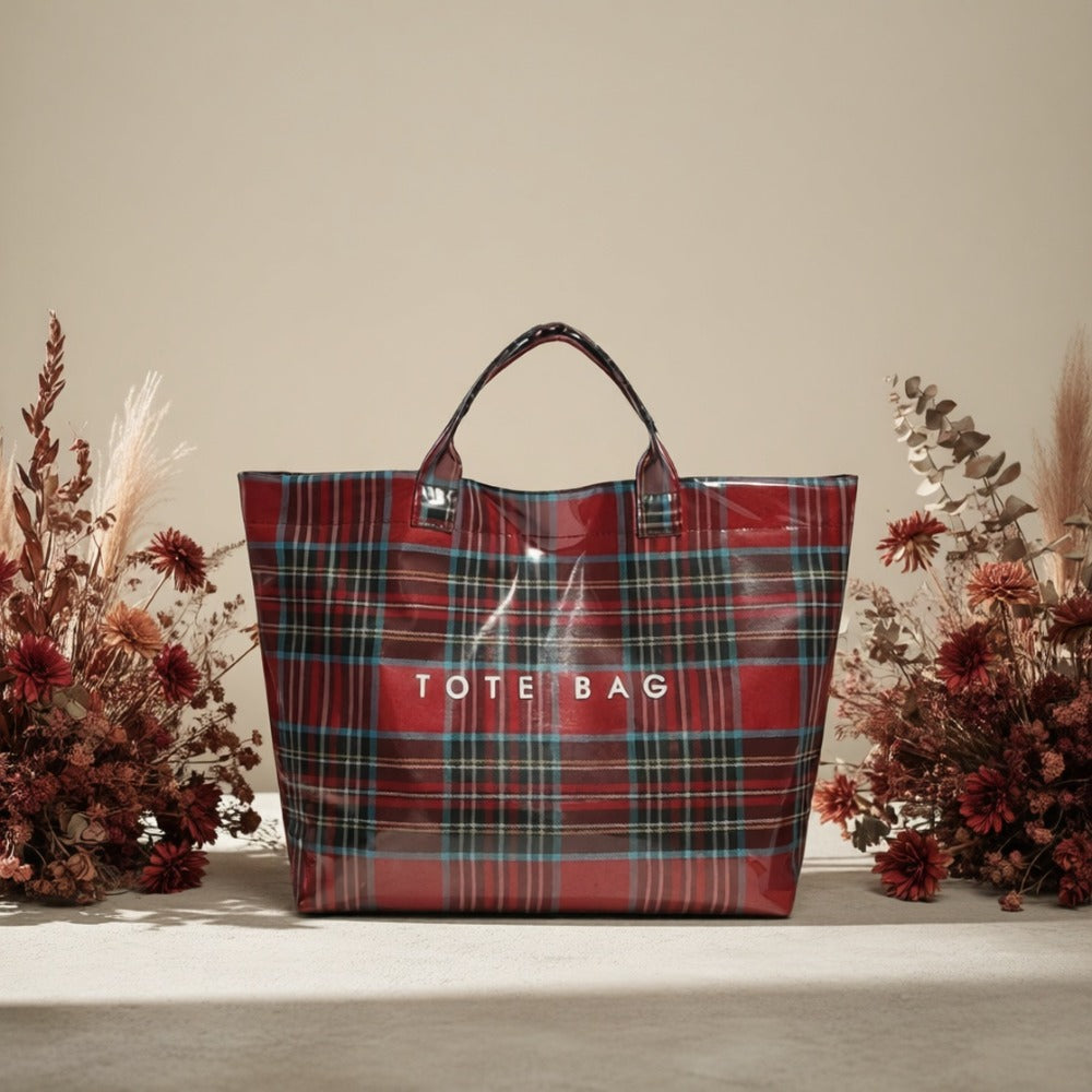 PVC Plaid Tote Bag Christmas Letter Print Tote Bag for Women Fashion Handbag for Shopping Christmas Market
