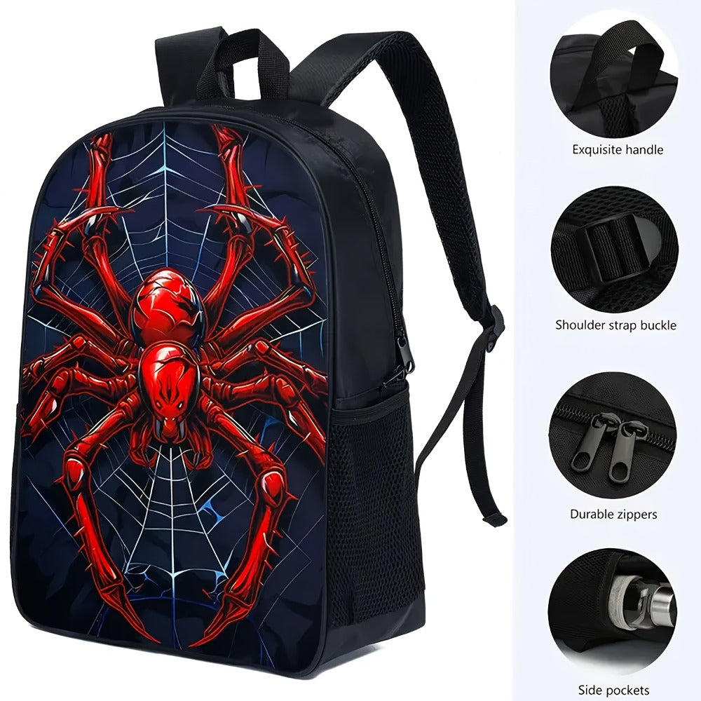 3pcs Spider Print Three-piece Backpack Combination, Unisexes Polyester Large Capacity Backpack with Square Pen Bag, Adjustable Shoulder Strap Double Zipper Animal Style, Suitable for Commuter Travel Outdoors, for Teenager