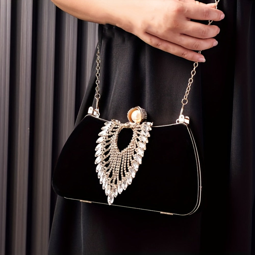 Sophisticated Evening Clutch Made of Velvet, Adorned with Rhinestones And Featuring a Pearl Handle, Perfect for Weddings, Parties, And Formal Dinners