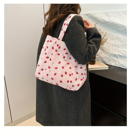 Women' Large Capacity Corduroy Tote Bag with Strawberry Pattern - /// Casual Handbag, Zipper Closure & - Corduroy Shoulder Bag for, Travel, Shopping