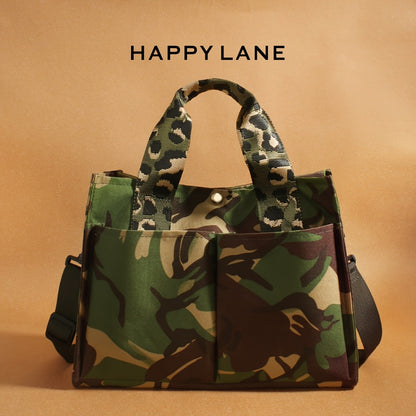 [HAPPY LANE Hot Item] Camouflage Handbag for Women, Green-Brown Camo Print, Comes with Matching Removable Wide Shoulder Strap, Metal Snap Closure, Large Capacity Tote Bag, Can Be Carried by Hand Or Worn Crossbody