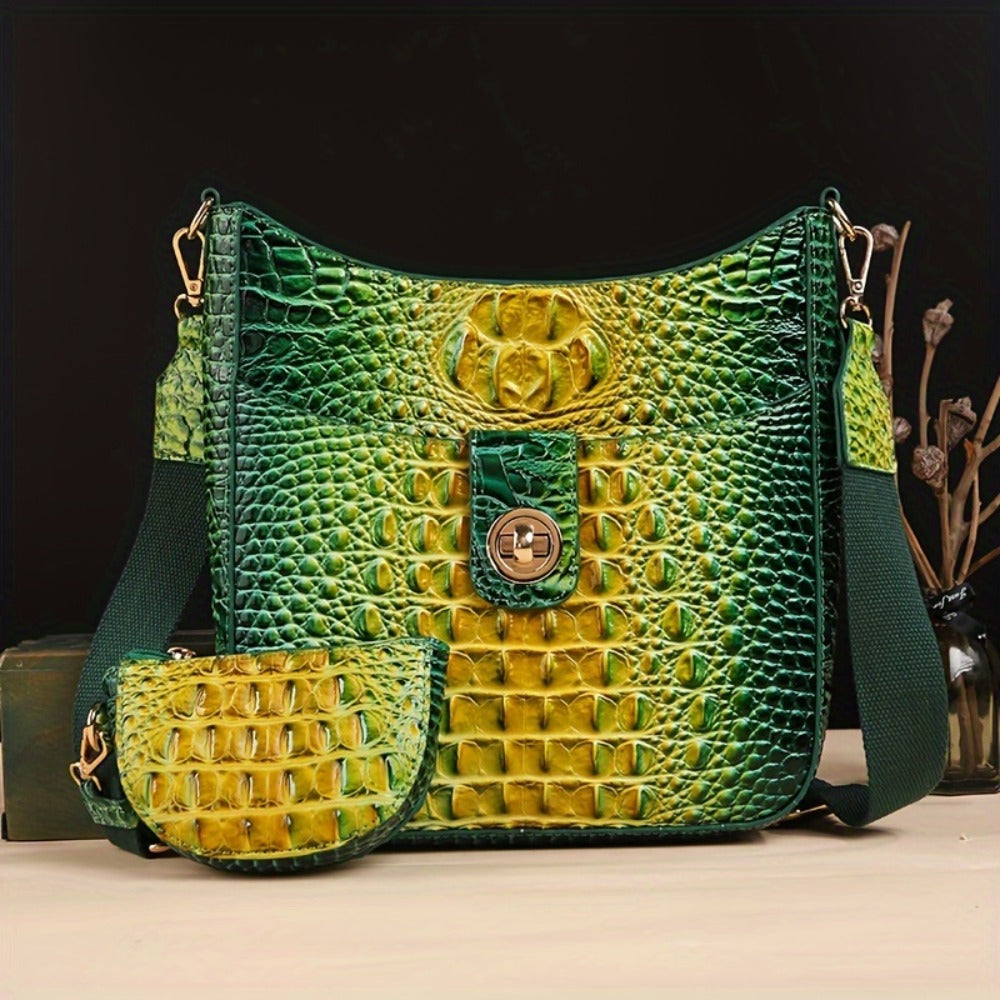 Trendy Crossbody Bag with Crocodile Pattern - Premium Bucket And Coin Purse Style - Multi-Purpose Shoulder Bag Suitable for Any Event