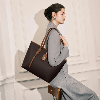Women's Minimalist Large Capacity Tote Bag - Black with Brown Accents, Durable & Zipper Closure, Sturdy Fixed Shoulder Straps for Office, Commute, Work & Casual Use