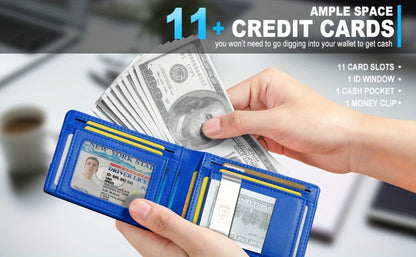 Ultra-Thin RFID Blocking Wallet for Men - 11 Card Slots Slim Front Pocket Minimalist Credit Card Holder with Carbon Fiber Money Clip & Gift Box