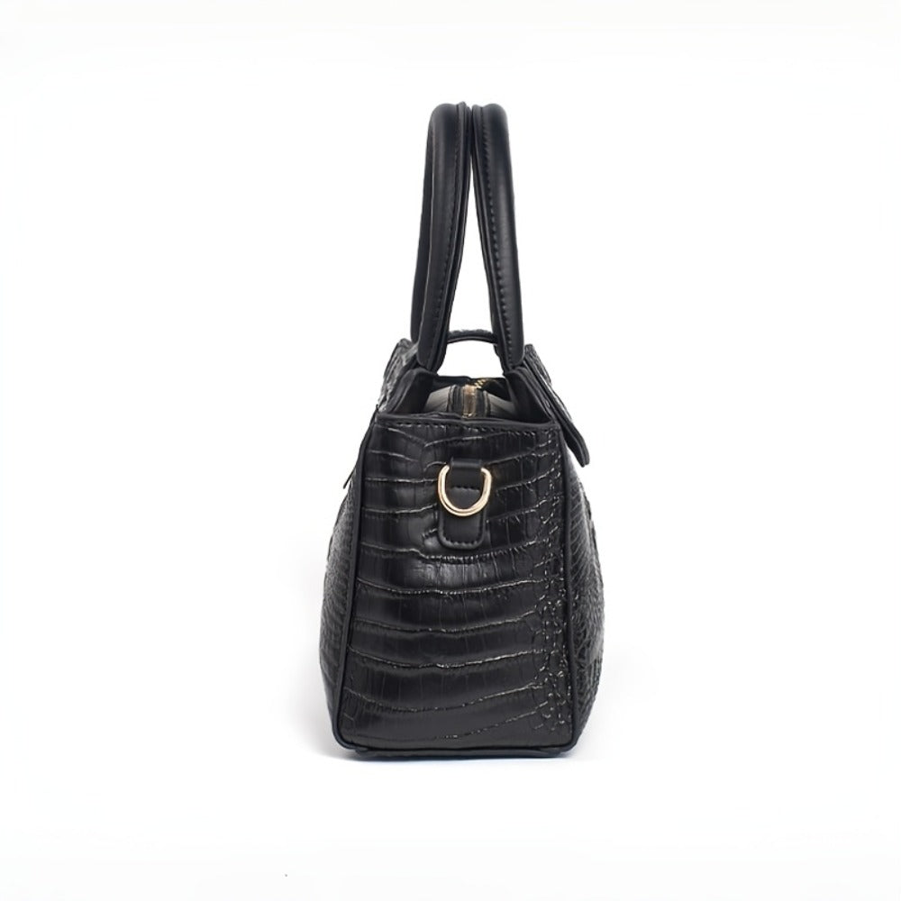 [Crocodile Embossed Satchel] Women's Crocodile Embossed Satchel Handbag Beige Top Handle Purse with Detachable Shoulder Strap Structured Tote Bag