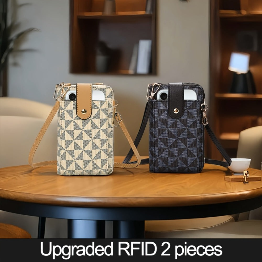 Women's Compact Crossbody Phone Wallet - Adjustable Strap, Outdoor Leisure Multi-Purpose Bag with Multiple Credit Card Slots & Zipper Closure, Blue & Brown Geometric Pattern, Durable Mini Shoulder Bag for Everyday Essentials, Perfect Valentine's Day Gift,