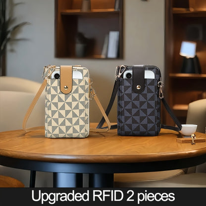 Women's Compact Crossbody Phone Wallet - Adjustable Strap, Outdoor Leisure Multi-Purpose Bag with Multiple Credit Card Slots & Zipper Closure, Blue & Brown Geometric Pattern, Durable Mini Shoulder Bag for Everyday Essentials, Perfect Valentine's Day Gift,