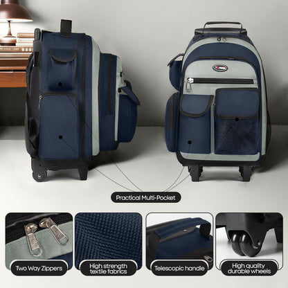 20 Inch Travel Rolling Backpack with Retractable Handle,Large Capacity Backpack with Wheels for Women & Men,Printing Travel Trolley Suitcase Bag for Weekend, School, Overnight, Work