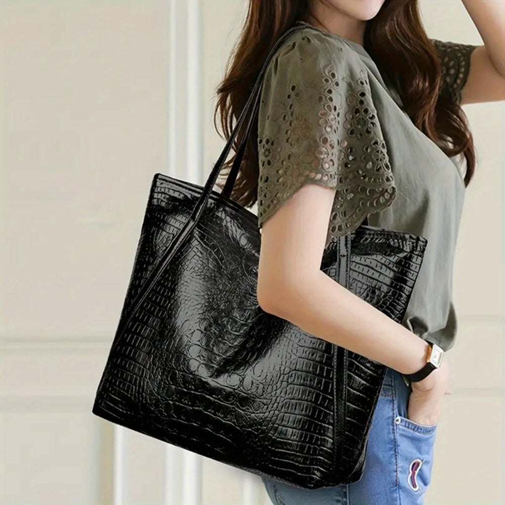 Stylish Black Crocodile-Print Women's Handbag - Large Capacity Scratch-Resistant Tote with Zipper Closure, Fixed Shoulder Strap & Cosmetic Pouch for Shopping, Commuting, Parties
