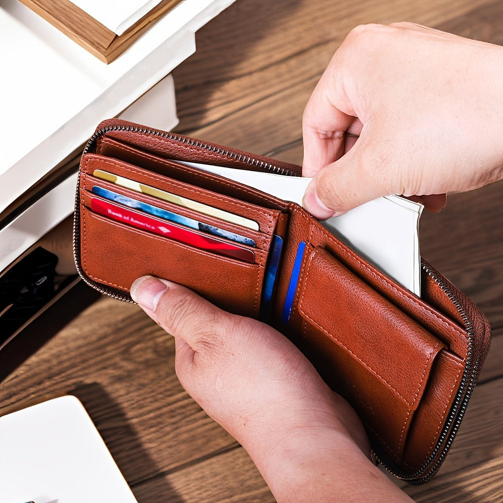 Men'S Genuine Leather Zipper Wallet RFID Secure Large Capacity Double Fold Multi-Card Top Layer Leather Wallets for Men And Coin Purse Christmas Father'S Day/Valentine'S Day/Anniversary Gift The Set Includes a Greeting Card