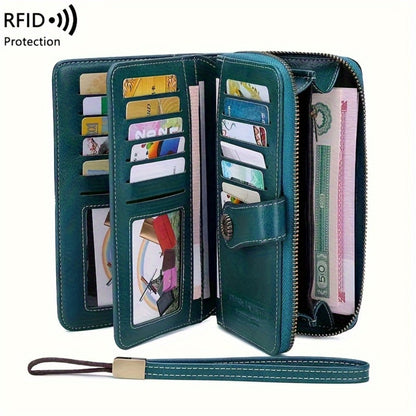 1 Pc RFID Blocking Retro Large Capacity Long Wallet PU Solid Color Women's Purse Multi-Functional Zipper Wallet with Wrist Strap Passport Ticket Credit Card Holder Can Accommodate Large Screen Phone