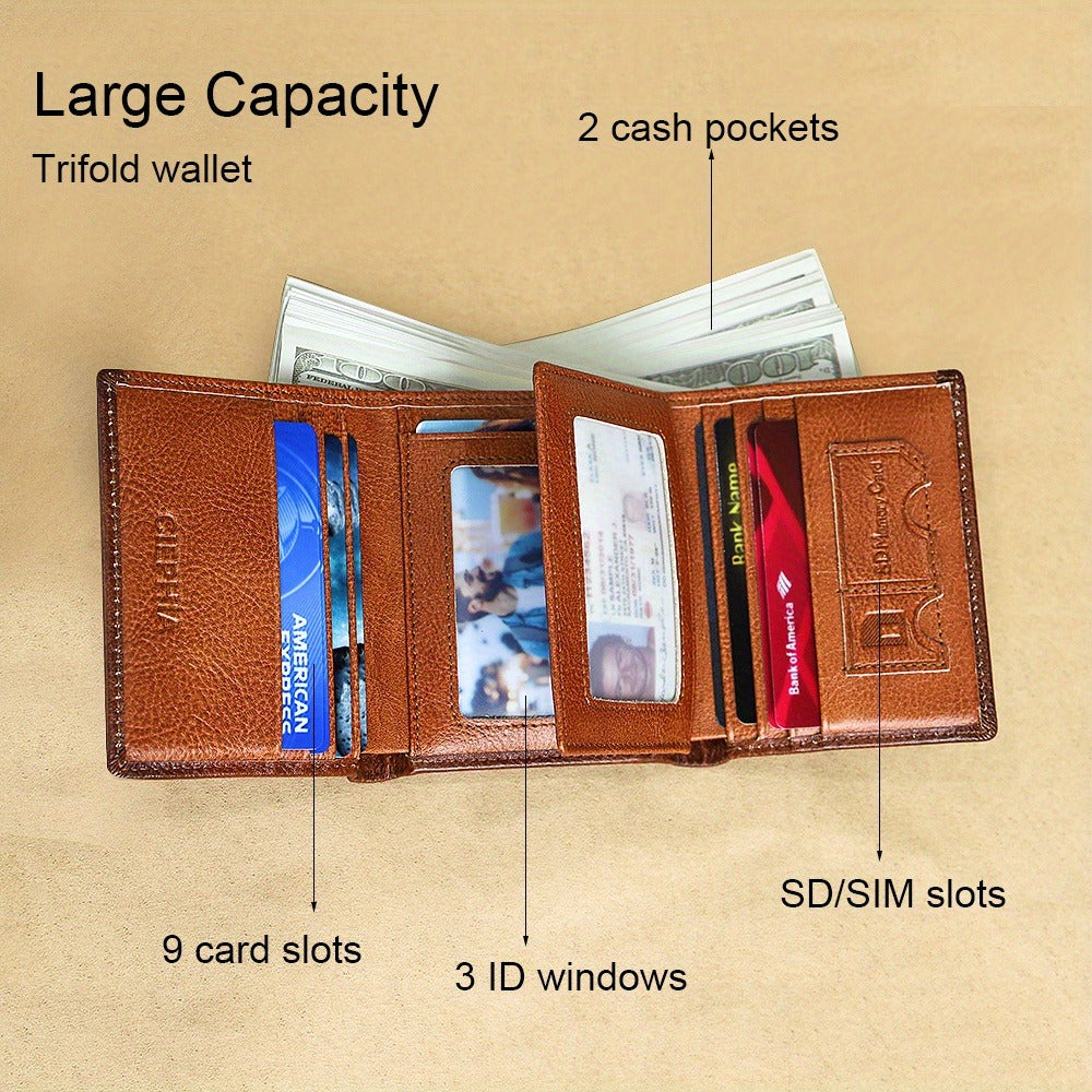Men's Genuine Leather Bifold/Trifold Wallet, First Layer Cowhide RFID Blocking Vintage Wallet, Multi Function Credit Card Holder, Money Clips Gifts for Him Father's Day/Valentine's Day/Anniversary Gifts