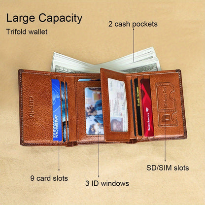 Men's Genuine Leather Bifold/Trifold Wallet, First Layer Cowhide RFID Blocking Vintage Wallet, Multi Function Credit Card Holder, Money Clips Gifts for Him Father's Day/Valentine's Day/Anniversary Gifts