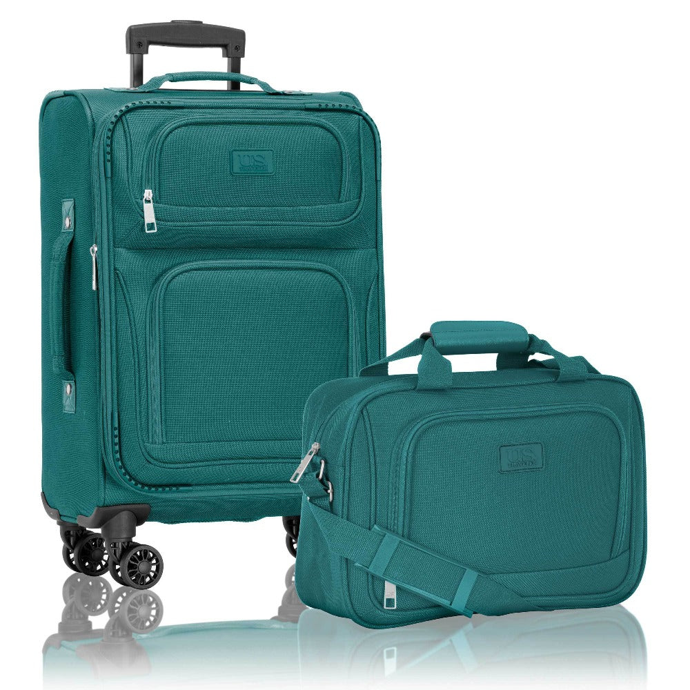 U.S. Traveler Rio II 2-Pcs Polyester Carry-on Suitcase w/ Tote | Soft Shell, Lightweight, Expandable & 360° Dual Spinner Wheels | Two-Tone, Colorblock, Matching Color, Black, Evergreen & Teal - Travel Luggage Set for Travel, Business Trips, and Weekend Ge