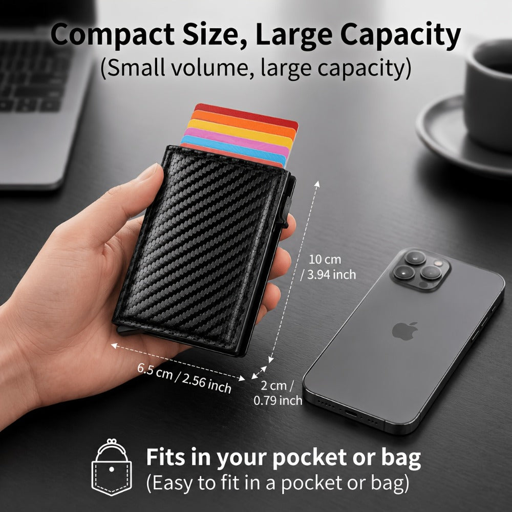 [CARBON FIBER Wallet] Men'S Wallet With Automatic Pop-up Metal Credit Card Holder, RFID Blocking Business Card Wallet, Microfiber Genuine Leather, 10 Card Slots, Smart Airtag, Lightweight Multi-functional Money Clip, Suitable For Travel/ Daily USE.