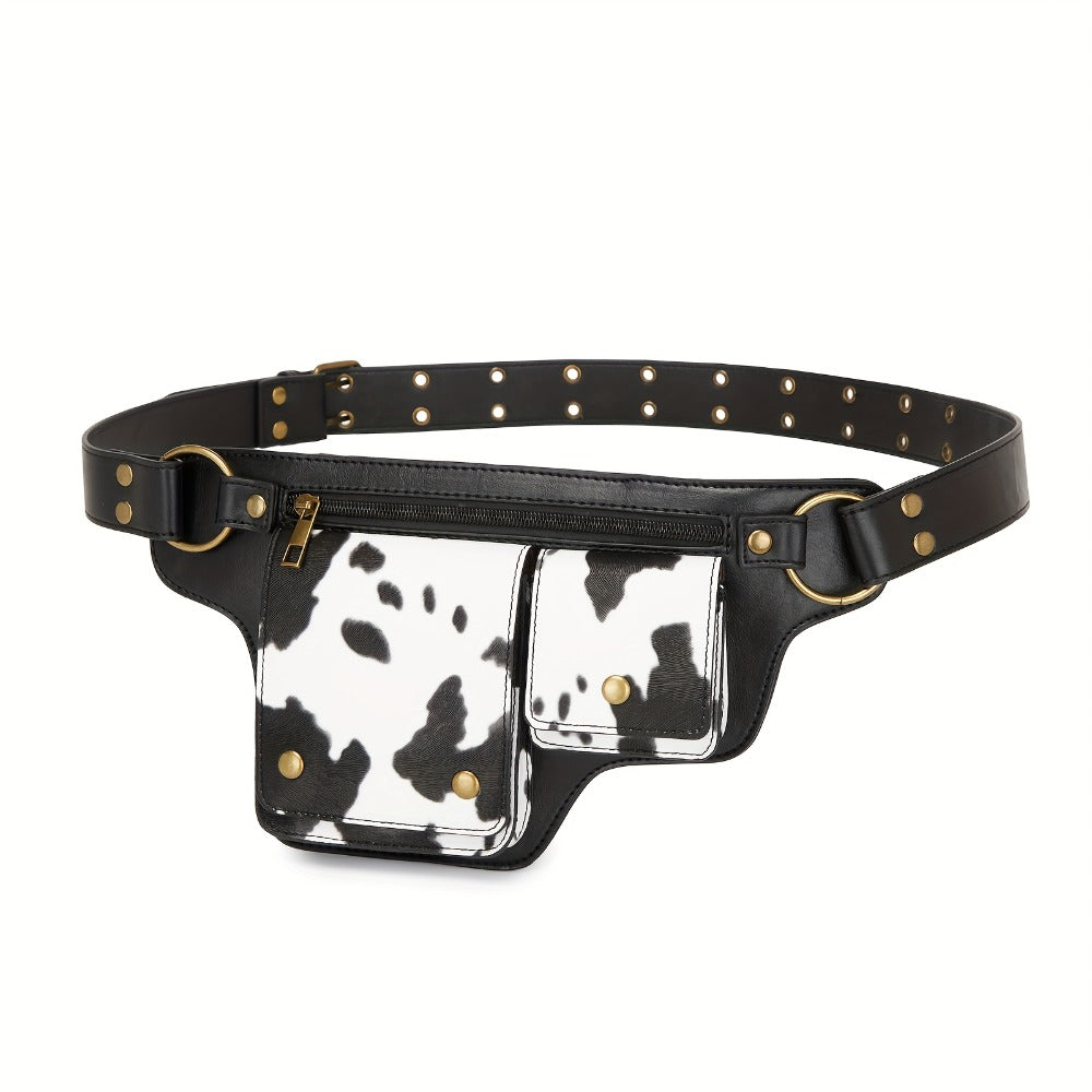 Multi Functional Practical Cow Pattern Waist Bag, Printed Waist Bag, Fashionable Collision, Metal Accessory Texture, Multi Pocket Practical And Multifunctional Design Handmade Waist Bag, Adjustable Chest Bag with Multiple Buckles