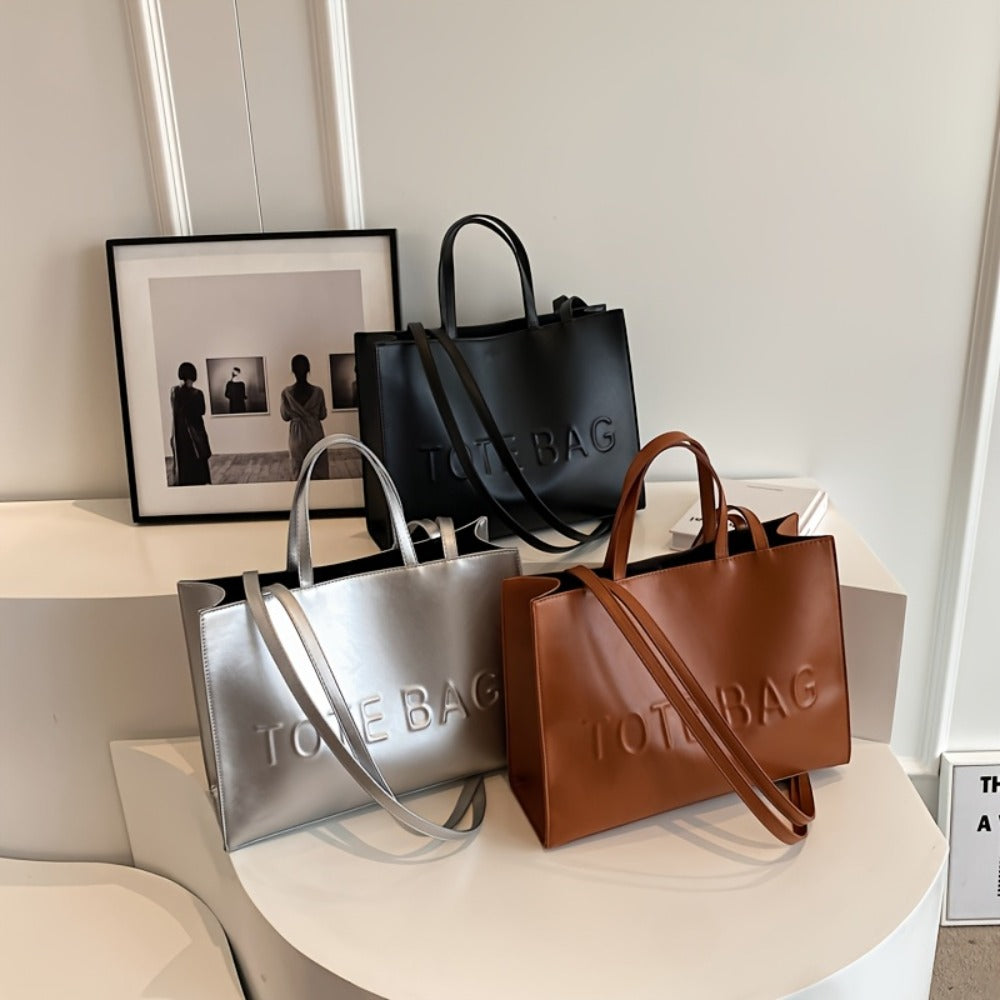 PU Textured Large Capacity Tote Bag, New Women'S Fashionable Tote Bag, Retro Commuting Shoulder Bag, with 'TOE BAG' Embossed Design Crossbody Bag, Very Suitable for Work, Business, Commuting, Durable And Easy to Carry