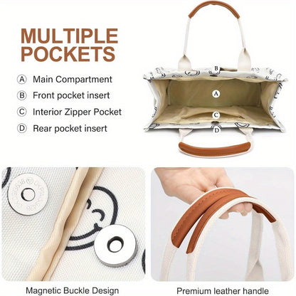 Large Capacity Multi-Pocket Tote Bag with Adjustable Crossbody/Handheld Strap, Wrist Strap & Button Closure - // Handbag for Work, Travel, Shopping - Casual Durable Handheld Bag