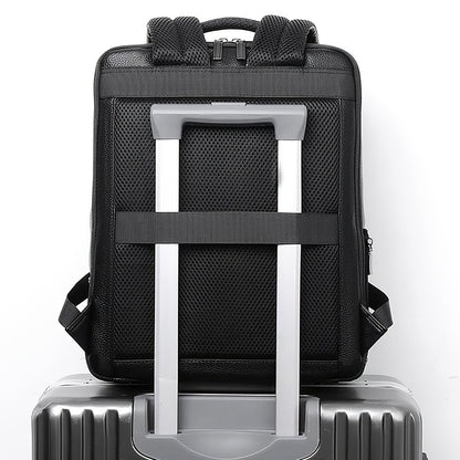 Genuine Leather Laptop Backpack for Men Fit 15.6 Inch Laptop, Business Work Office College Medium Backpack with USB Charging Port, High Quality Black Travel School Bag
