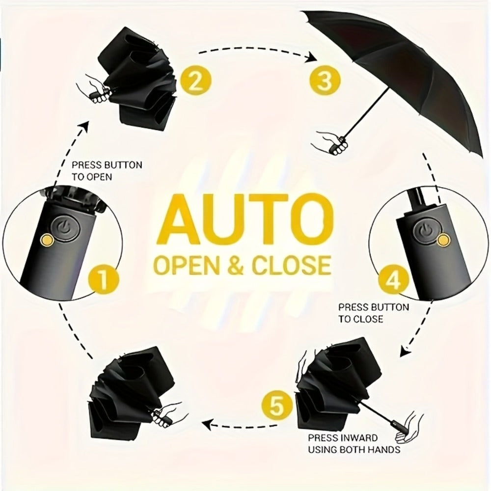1pc Fully Automatic Reverse Folding Umbrella with 20 Ribs, Windproof, Design, Double Bone Structure, Equipped with Night Reflective Strips - Made Of High-Density Material, Uitable for Daily Use By Both Men And Women.