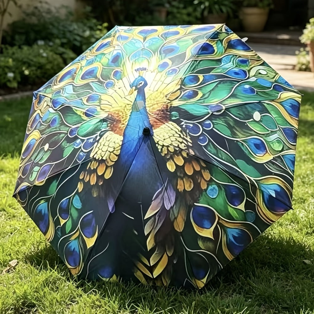 A Folding Umbrella With A Peacock Feather Design - A Lightweight, Retractable Travel Umbrella With A Sturdy 8-rib Frame, Available In Blue, Green, Golden, Purple, Black, Yellow, And Brown. An Elegant Outdoor Umbrella For Both Men And Women.
