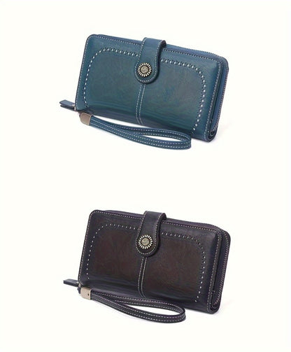 1 Pc RFID Blocking Retro Large Capacity Long Wallet PU Solid Color Women's Purse Multi-Functional Zipper Wallet with Wrist Strap Passport Ticket Credit Card Holder Can Accommodate Large Screen Phone
