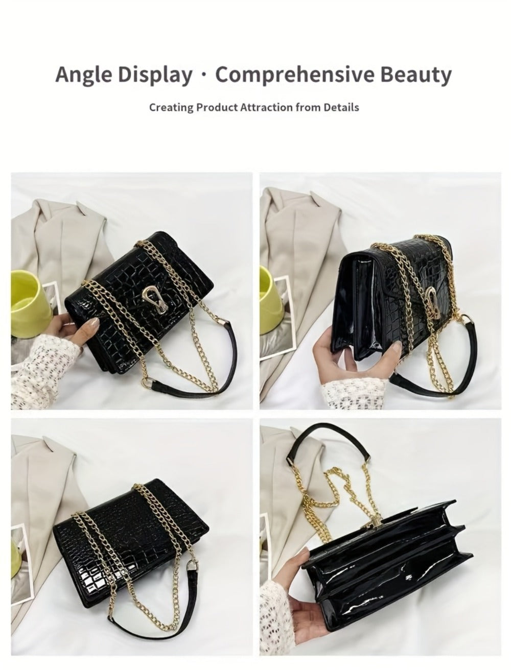 Pink Snake Print Crossbody BagFor Women, Stylish Women's Crocodile Pattern Handbag - Black Shoulder Bag With Detachable Strap Golden-Tone Hardware & Chain Strap, Crossbody Bag Purse Christmas Bags For Gifts Christmas Gift Bags
