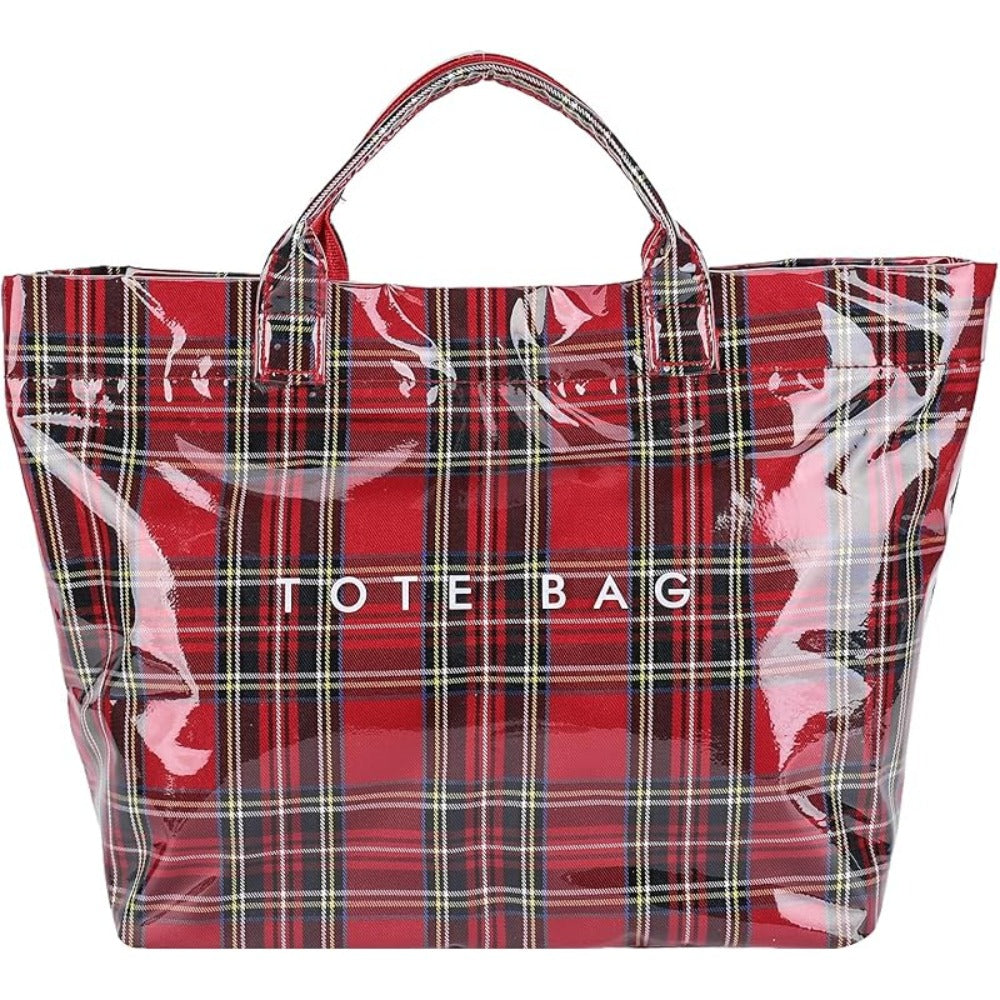 PVC Plaid Tote Bag Christmas Letter Print Tote Bag for Women Fashion Handbag for Shopping Christmas Market