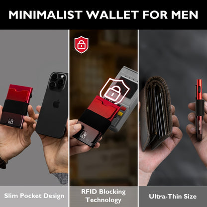 [RFID Blocking Wallet] Men's Ultra-Thin Card Holder Wallet, Durable Expandable Backplate, RFID Blocking Minimalist Pop Up Wallet Holds 12 Plus Cards And Cash, Black Red Gradient