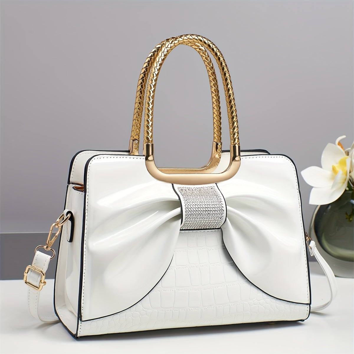 2025 Summer And Autumn Light Luxury New European And American Fashion Bow Lacquered Faux Leather Versatile Single Shoulder Cross Shoulder Handbag, Middle Aged Mother'S Bag
