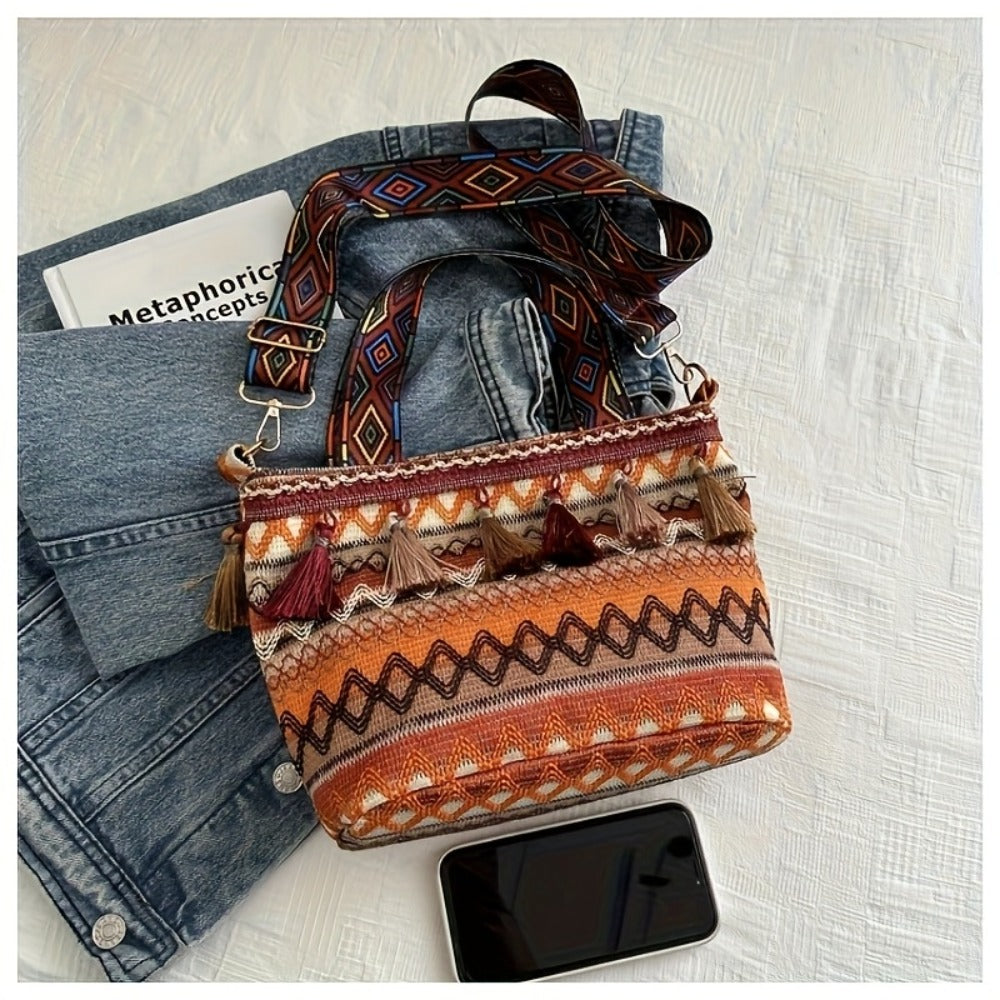 Bohemian Fringe Handbag for Women, 2025 New Style Versatile Shoulder Bag, Trendy Tote Bag, Large Capacity Crossbody Bag, Unique Design Woven Tote, Leisure BeachBag, Perfect for Everyday Outings, Shopping, And Travel.The Perfect Christmas Gift