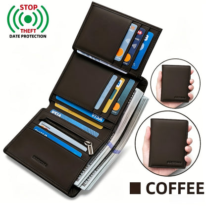 Genuine Leather Three-Fold Wallet for Men, 13 Card Slots with Anti-Theft Feature