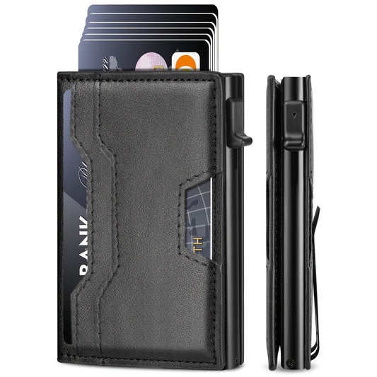 Wallet for Men, Mens Wallet Minimalist Slim Wallet, RFID Blocking Smart Pop Up Wallet with Money Clip & ID Window, Metal Compact Wallet, Aluminum Credit Card Holder Slim Leather Wallet Best Gift