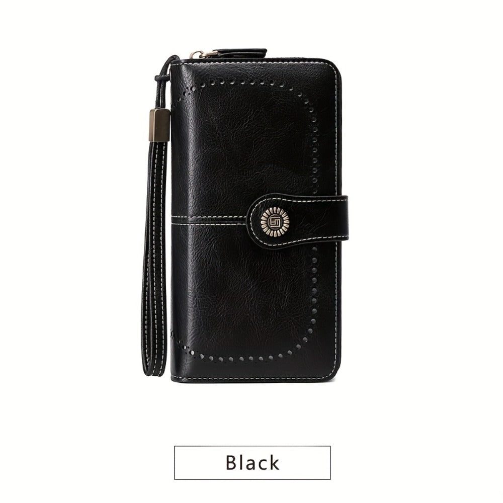 1pc RFID Blocking Long Wallet with 10 Practical Card Sleeves- Stylish Synthetic Leather Zipper Purse with Wrist Strap, Multi-Functional Card Holder for Women